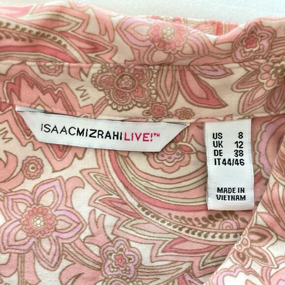Isaac Mizrahi Live Button-Up Tunic Top Womens Size 8 Pink Tan Floral Long Sleeve - Picture 8 of 9